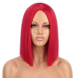 ENTRANCED STYLES Red Wig Synthetic Straight Hair Middle Part Wig Shoulder Length Bob Wigs for Women Colorful Bob Wigs for Party & Cosplay Use