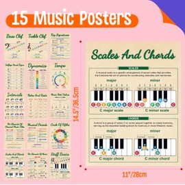 15 Music Posters, Thick Music Theory Poster Water & Tear Resistant with PET Film, Educational Music Chart Posters for Studio, Bulletin Board, Classroom, School Supplies, Wall Decoration (14.5” x 11”)