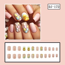 Easter Press on Nails Short Square Fake Nails Pink Acrylic Nails with Chicken Easter Eggs designs Cute False Nails Glossy Full Cover Drop Stick on Nails for Women Party Manicure24pcs