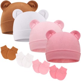 DRESHOW BQUBO Newborn Baby Hats Mittens Set for Boys Girls Hospital Hat Beanie Bear Ears Infant Caps Baby Cotton Gloves No Scratch Mittens for 0-6 Months