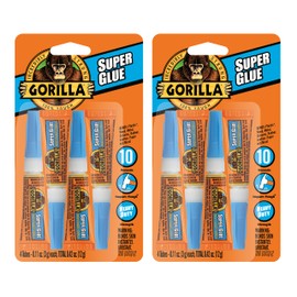 Gorilla Super Glue, Clear Glue, Four 3 Gram Tubes (Pack of 2) - All Purpose and Fast Setting for Projects and Repairs
