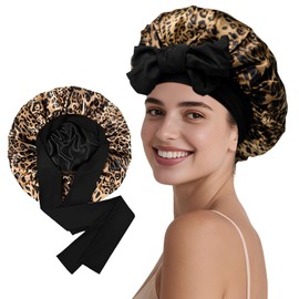 Novvia Silk-Like Satin Sleep Cap – Double-Layer Reversible Bonnet for Sleeping, Anti-Frizz Protection for Curly Hair, Smooth and Breathable Sleeping Cap for Night Use-Leopard Print+Black
