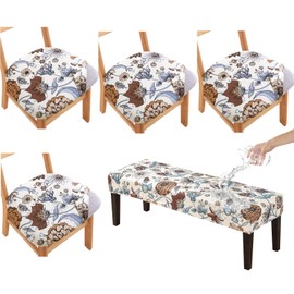 KRFOONN Waterproof Seat Covers for Dining Room Chairs Set of 4 with Bench Cover Washable Dining Chair Covers Removable Kitchen Chair Cushion Slipcovers Protector, 03