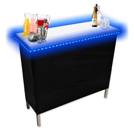 PARTYPONG Folding Portable Party Bar w/Patended LED Lights, Black & Hawaiian Bar Skirts, Storage Shelf, & Carrying Case