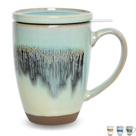 Bosmarlin Ceramic Tea Cup with Infuser and Lid, 13.5 Oz, Loose Leaf Tea Steeper Mug with Strainer, Microwave and Dishwasher Safe, Reactive Glaze (13.5 Oz, Turquoise Green Light)