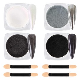 Chrome Nail Powder, 4 Colors White-Black Series Nail Chrome Powder - Mirror Effect Metallic Glitter Powder Kit for Nail Art Decoration, Resin Craft etc. (1g/Jar)