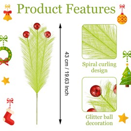 10 Pcs Christmas Tree Topper - 17" Christmas Tree Picks and Sprays Lime Green Curly Stems with Red Ball Artificial Xmas Decorations for Vase Fillers Wreath Home Party Holiday Docor