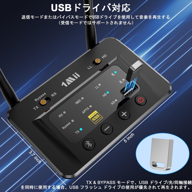 1Mii Bluetooth 5.3 Transmitter, Receiver, Supports USB Drive, AptX Adaptive/LL,