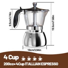 DITOSH 430 Stainless Steel Base Stovetop Espresso Maker Transparent Moka Pot Espresso Machine Percolator Coffee Maker Capable Mocha Coffee Machine Cafe Percolator Maker for Home & Camping 4 Cup 200ml
