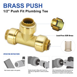 Z LTP21301 1/2 inch Push Fit Tee Fittings, No Lead Brass Push to Connect Plumbing Fittings for PEX, Copper, CPVC - Easy DIY Installation, Pack of 6 with Disconnect Tool