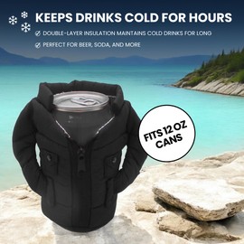 Gadgetime USA Can Cooler Vest - Insulated Beverage Cooler - Can Cover - Reusable Zip Up Can Jacket - Cute Sleeve for Canned Beverages & Beer - Funny Gift for Friends & Family - Black