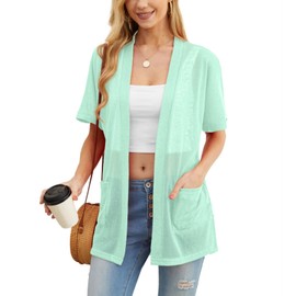 PrinStory Cardigans For Women Lightweight Short Sleeve Ladies Summer Cardigans With Pocket Causal Open Front V Neck Outerwear UK 14-16 (Mint Green, L)