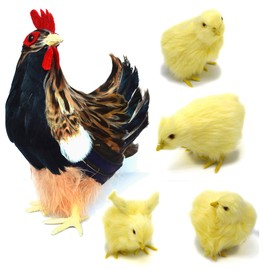 Realistic Small Feathered Hen with 4 Baby Chick Figurine Simulated Chicken Artificial Farm Animals Replica Spring Photography Props Easter Home Store Decoration (Brown)
