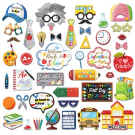 45Pcs Back to School Photo Booth Props Kit - Glitter First Day of School Decorations Back to School Theme Party Decorations with Sticks for Classroom, Preschool, Kindergarten, College Welcome Parties