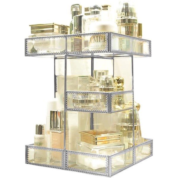 360 Degree Rotation Visible Skincare Organizer Antique Countertop Vanity Cosmetic Storage Mirror Glass Makeup Holder,Spin Large Capacity Storage for Brushes Lipsticks Skincare Toner (Silver)