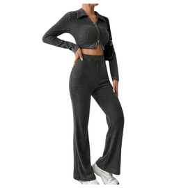 SweatyRocks Women's 2 Piece Lounge Sets Long Sleeve Crop Top and High Waisted Wide Leg Pants Knitted Sweater Sets Dark Grey Medium