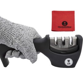 Knife Sharpeners for Steel and Ceramic Kitchen Knives - Manual Handheld System to Safely Sharpen and Hone your Knife - Includes Cut Resistant Glove and Blade Cloth (Black)