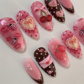 IMRAIN Pink Press on Nails Medium Almond Fake Nails Acrylic False Nails Cute Heart Cherry Pattern False Nails Full Cover Glossy Glue on Nails for Women Girls 24Pcs