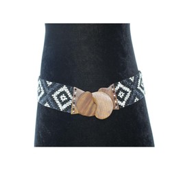 Handmade Black Beaded Elastic Bali Belt | Stretchy Waist Accessory with Wooden Buckle Design | Comfortable and Stylish for Everyday Wear