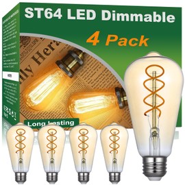 Vinaco Dimmable ST64 Edison Bulb 2200K Amber Warm, 4 Pack Antique Flexible Spiral LED Filament ST64 Amber Bulb 320LM, LED Bulb 4W Equivalent 40W 120V, Flicker Free E26 Bulb with CRI90+