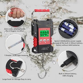 USB Charging, Fish Scale Digital Weight, High Accuracy, 110lb Backlit LCD Display with Tape Measure, Portable for Fishing, Luggage, Travel
