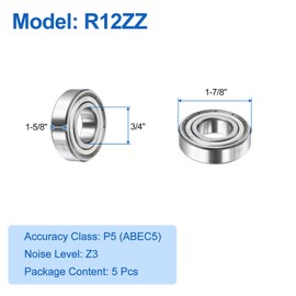 uxcell 5pcs R12ZZ Deep Groove Ball Bearings 3/4" ID x 1-7/8" OD x 1 5/8" Height P5 Miniature Bearings Double Metal Shielded Chrome Steel Z3 Bearing for Engineering Machinery, Silver Tone