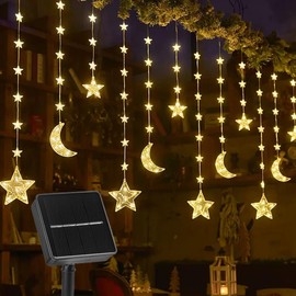 TheaPro Solar 12 Drops Star Moon Curtain Lights 8 Lighting Modes Waterproof Window Curtain Fairy Lights Christmas Decorations Lights for Home Party Outdoor - Warm White