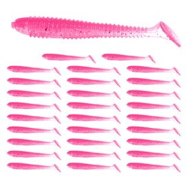 TIXIPEM 2.56" T-Tail Soft Fishing Lures [30-Pack] - Paddle Tail Swim Bait for Bass Trout in Saltwater & Freshwater - Rigged with 2 & 1/0 Hooks - Pink & Durable ABS Plastic