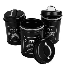 ZOFUN 3 Pcs Tea Coffee Sugar Canisters, 10 x 18 cm Black Tea Coffee Suagr Canisters with Airtight Lids, Galvanised Iron Tea Coffee Sugar Canister Set for Tea Coffee Sugar Storage in Kitchen