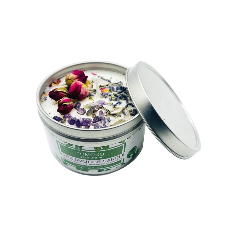 TOMOKO White Sage Scented Candle with Rose, Lavender and Crystal!