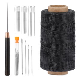 TLKKUE 273 Yards Leather Upholstery Sewing Waxed Thread Kit, Black Waxed Thread Sewing Needle Straight Awl, Heavy Duty Wax String Sewing Kit for Upholstery Repair Leather Crafting DIY Sewing
