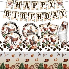 Rodeo Party Decorations Tableware with Cowboy Plates Napkins Cups Tablecloth Banner for Rodeo Wild West Cowboy Birthday Party Decorations, Serves 24