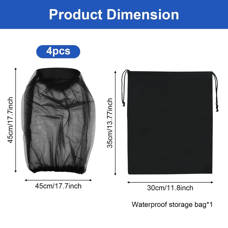 4 Pcs Midge Head Net with Drawstring Bag, Nylon Mosquito