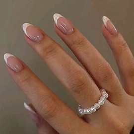 Press on Nails Medium - Almond Fake Nails with Glue - 24pcs White Pearl French Tip False Nails - Full Cover Stiletto Ballerina Stick on Nail for Women in 12 Sizes