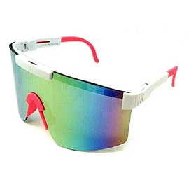 Dweebzilla Pensacola Semi Rimless Wrap Around One Piece Shield Lens Sporty Sunglasses (White & Pink Frame, Pink Green Flash Mirror Lens)