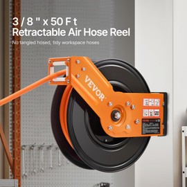 VEVOR Retractable Air Hose Reel, 3/8IN x 50FT Rubber Air Hose Max 300PSI, Air Compressor Hose Reel Auto-Rewind with 5FT Lead in, Ceiling/Wall Mount Heavy Duty Single Arm Reel & 180° Swivel Bracket