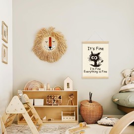 Mtrgdn Positive Office Wall Decor It's Fine I'm Fine Everything is Fine Poster Hanger Frame, Frazzled Cat Wooden Frames,Funny Wall Hanging Banner Decor for Home Bedroom 12x16 Inch