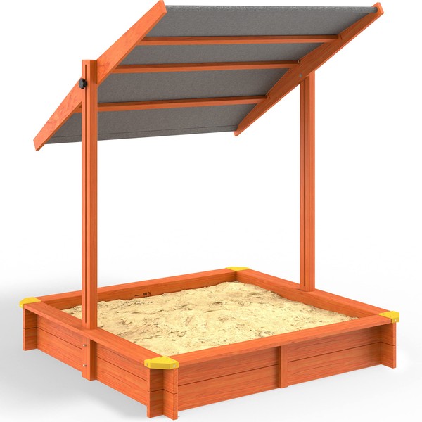 Spielwerk Sand Pit Sami | Canopy Roof | 120x120cm | Box Wood | UV 50+ | Sun Protection | Cover Transport Wheels | Garden Outdoor | Tray Lid | Children | Wooden Kids Toys | Shell