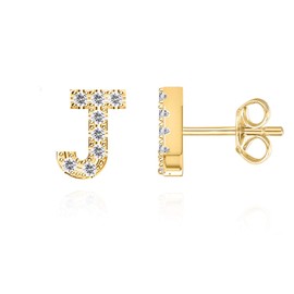 PAVOI 14K Yellow Gold Plated Sterling Silver CZ Alphabet Letter Earrings | Initial Earrings for Girls | Letter J