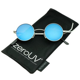 zeroUV Small Retro Lennon Style Colored Mirror Lens Round Metal Sunglasses 41mm (Silver/Blue Mirror)