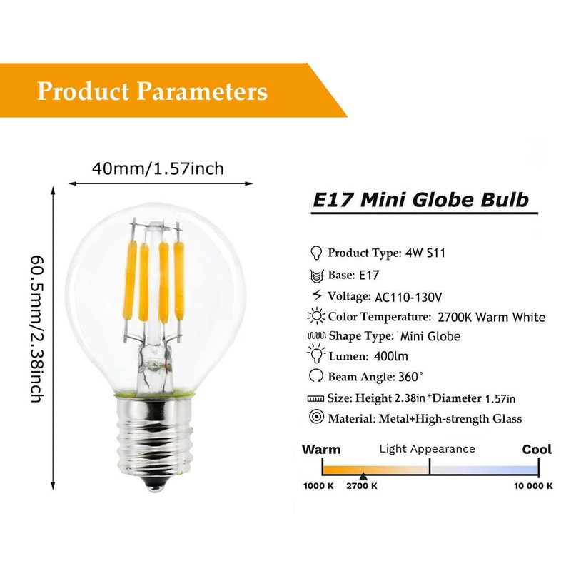 Greeogin 5-Pack E17 S11 LED Light Bulb,E17 Intermediate Base Mini