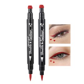 Eyeliner Stamp - OCHILIMA Double-sided Liquid Eyeliner Pen with Eye Makeup Stamp, Waterproof, Double Sided & Long Lasting Seal Tattoo Makeup Tool Red Black No smudge (Moon/Star）Shape Stamp Pen 2 Pcs