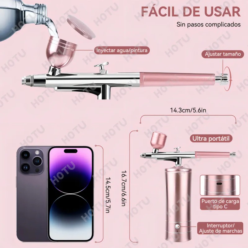Kit Aerógrafo Portátil Tensky para Uñas Maquillaje con Compresor Rosa
