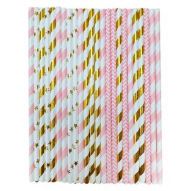 YAOSHENG [100 Pack] Pink & Gold Paper Straws Disposable, 100% Biodegradable Multi-Pattern Party Straws for Birthday, Wedding and Holiday Decoration (Pink Gold)