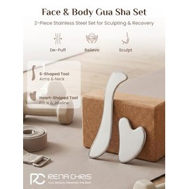 Rena Chris Gua Sha & Herramienta raspadora muscular, juego de gua Sha de acero inoxidable para drenaje linfático y masaje de tejido profundo, bolsa de