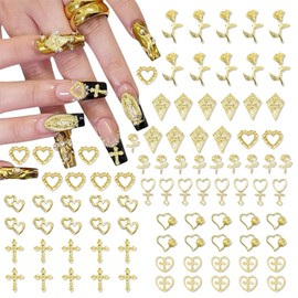 Nayyana 90 Pieces Gold Nail Charms Cross Nail Art Jewelry Rose Pendants for Nails Metal Nail Gems Luxury Nail Decoration for Manicure Design Crafts DIY