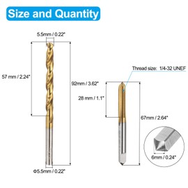 sourcing map Tap and Drill Bit Set, 1pcs 1/4-32 UNEF Straight Flute Thread Screw Tap & 1pcs 5.5mm Twist Drill Bit, Titanium Coated HSS-6542 Tapping Threading Tool Kit