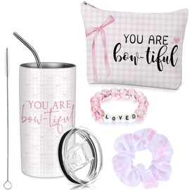 Sieral 4 Pcs Coquette Pink Bow Gifts for Girls Inspirational Coquette Stuff Makeup Bag 14oz Stainless Steel Tumbler Pink Beaded Bracelet Scrunchies Cute Bow Stuff for Women Birthday Baby Shower Party