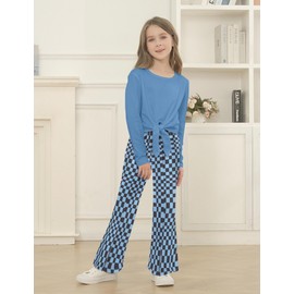 Gaupafmb Clothes for Girls 2PCS Sets Solid Knot Long Sleeve Tops with Checkerboard Print Split Flare Pants Cute Clothes for Girls 10-12