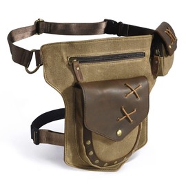 Le'aokuu Men‘s Canvas And Genuine Leather Waterproof Waist Pack Crossbody Chest Bag Bum Bag Hip Pouch Pockets Belt Bag 211-8 (Brown)